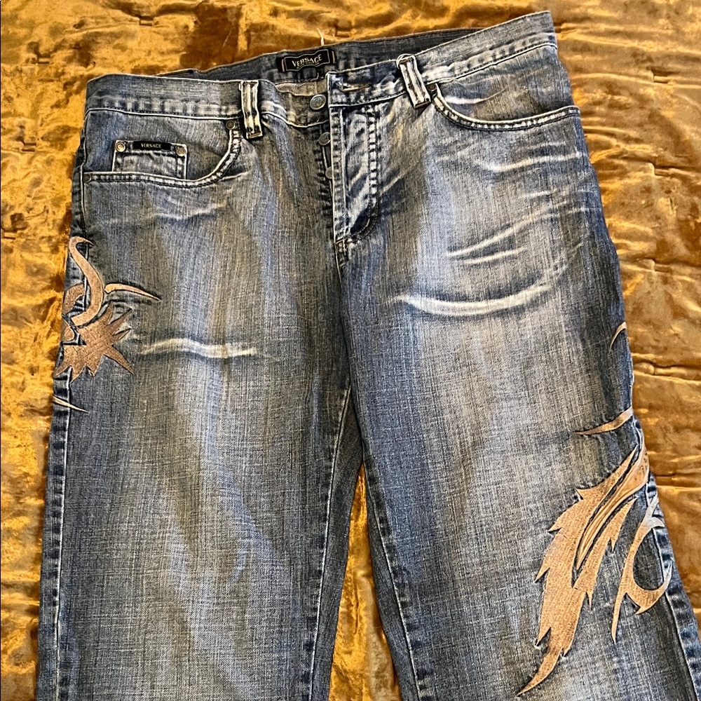 Versace Jeans Couture Blue with Leather Tan Embroidery & Silver studs